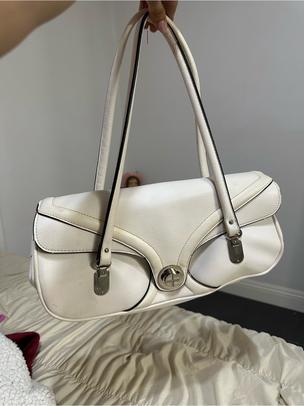 White Shoulder Bag with Silver Hardware